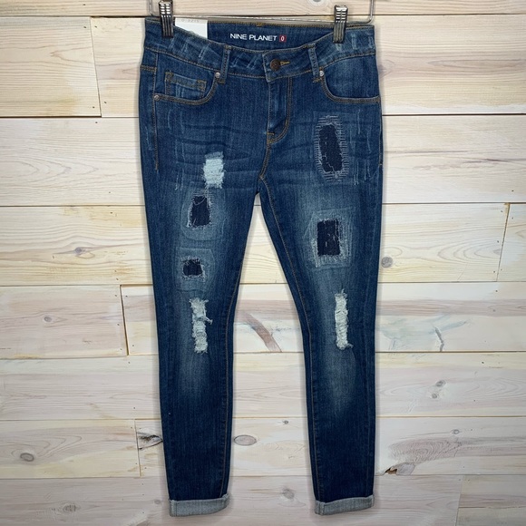 Size 0 Medium Washed Patched Distressed Jeans - Picture 1 of 10